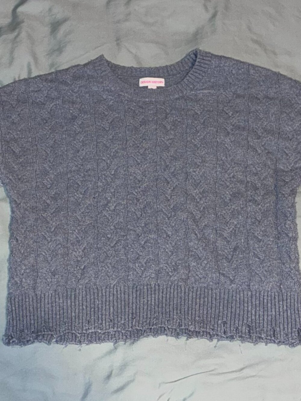 Design History Women's Distressed Light Blue Cable Knit Sweater size XL